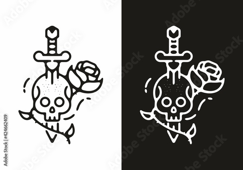 Black and white skull sword and rose tattoo illustration