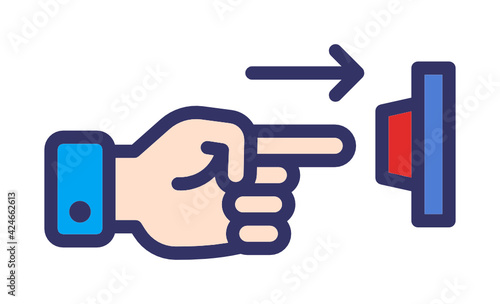Push red button with finger hand gesture. Press alarm for emergency vector icon.