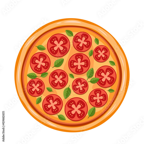 Fototapeta Naklejka Na Ścianę i Meble -  Vector illustration of maragrita. Pizza with tomatoes in cartoon style. Italian food. Isolated on white background
