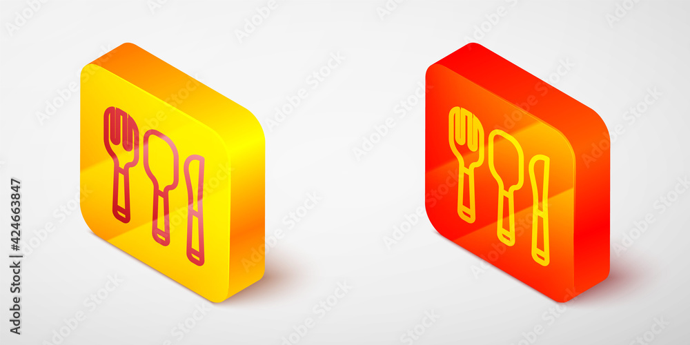 Isometric line Fork, spoon and knife icon isolated on grey background. Cooking utensil. Cutlery sign. Yellow and orange square button. Vector Isometric line Fork, spoon and knife icon isolated on grey background. Cooking utensil. Cutlery sign. Yellow and orange square button. Vector