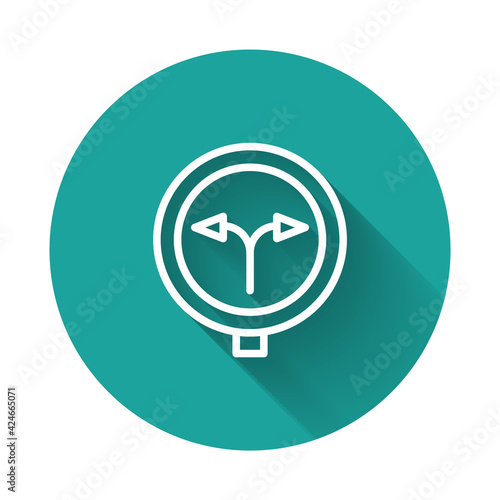 White line Fork in the road icon isolated with long shadow background. Green circle button. Vector