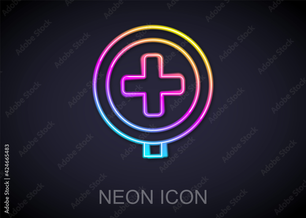 Glowing neon line Hospital road traffic icon isolated on black background. Traffic rules and safe driving. Vector Glowing neon line Hospital road traffic icon isolated on black background. Traffic rules and safe driving. Vector
