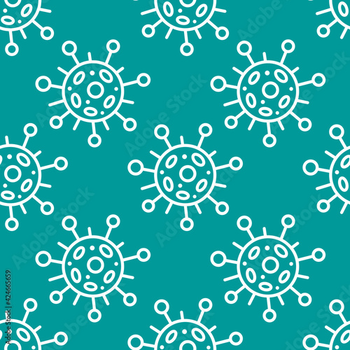 Seamless pattern of molecules, cells of virus, bacteria. Pandemic, epidemic covid-19. Theme of quarantine, spread of coronavirus, vaccination. Vector hand drawn background in doodle style isolated