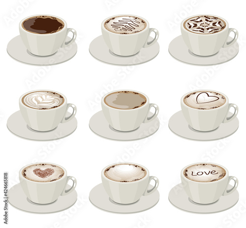 Set with different sorts of coffee in white crocery. Illustration with cups on white background can be used for restaurant and cafe menu.