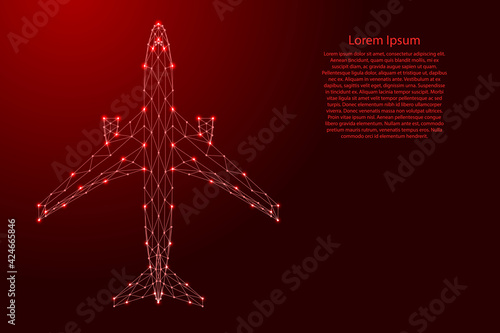 Aircraft passenger jet, top view, from futuristic polygonal red lines and glowing stars for banner, poster, greeting card. Vector illustration.