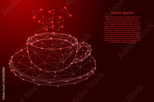 Cup coffee or tea on saucer, from futuristic polygonal red lines and glowing stars for banner, poster, greeting card. Vector illustration.