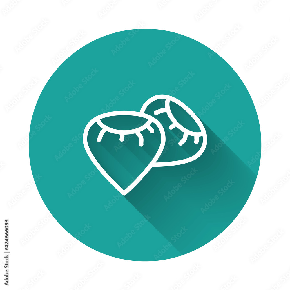 White line Seeds of a specific plant icon isolated with long shadow background. Green circle button. Vector White line Seeds of a specific plant icon isolated with long shadow background. Green circle button. Vector