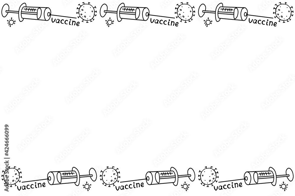 Vector frame, border on theme of vaccination. Contour molecules, coronavirus cells and a vaccine syringes. Horizontal top and bottom edging, decoration, background for medical design in doodle style