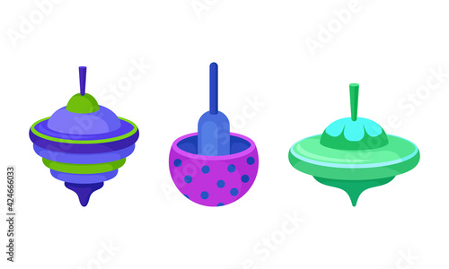 Bright Humming Top or Spinning Top as Squat Toy with Sharp Point at the Bottom Vector Set