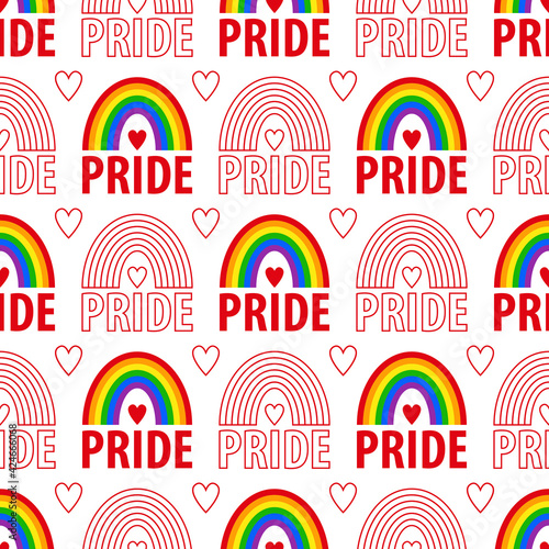 Pride pattern. A vector seamless pattern of the words pride. Pride lesbian, gay, bisexual transgender, heart, rainbow on a white background. Symbol of the LGBT community. For fabric, wrap, sites.