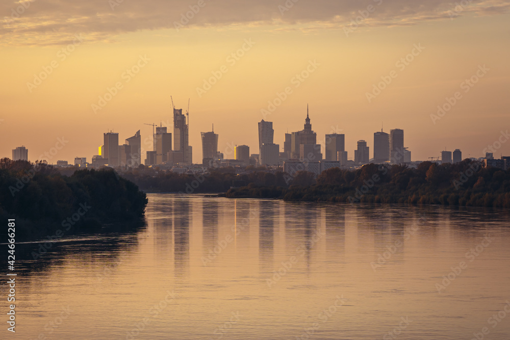Sunset over downtown of Warsaw, view from Siekierkowski Bridge, Poland