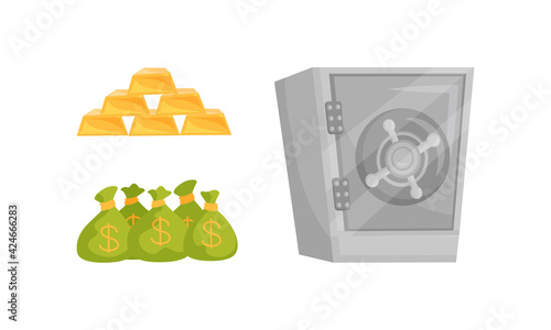 Bar of Gold, Sacks with Money Cash and Metal Safe Deposit for Money Storage Vector Set