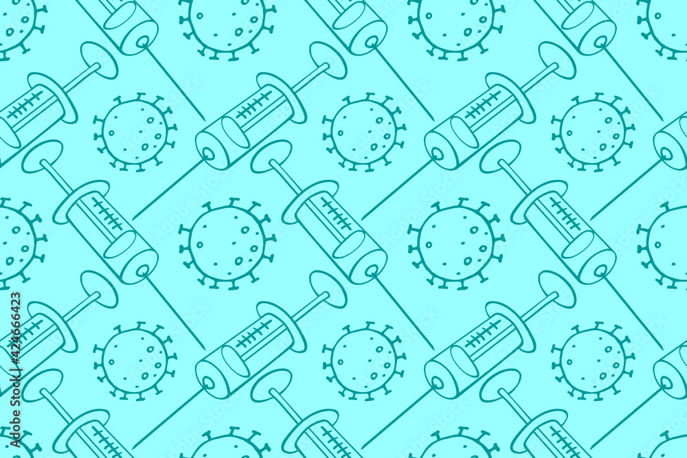 Vector seamless pattern on theme of vaccination. Contour molecules, coronavirus cells and a vaccine syringes. Medical background and texture in the Doodle style