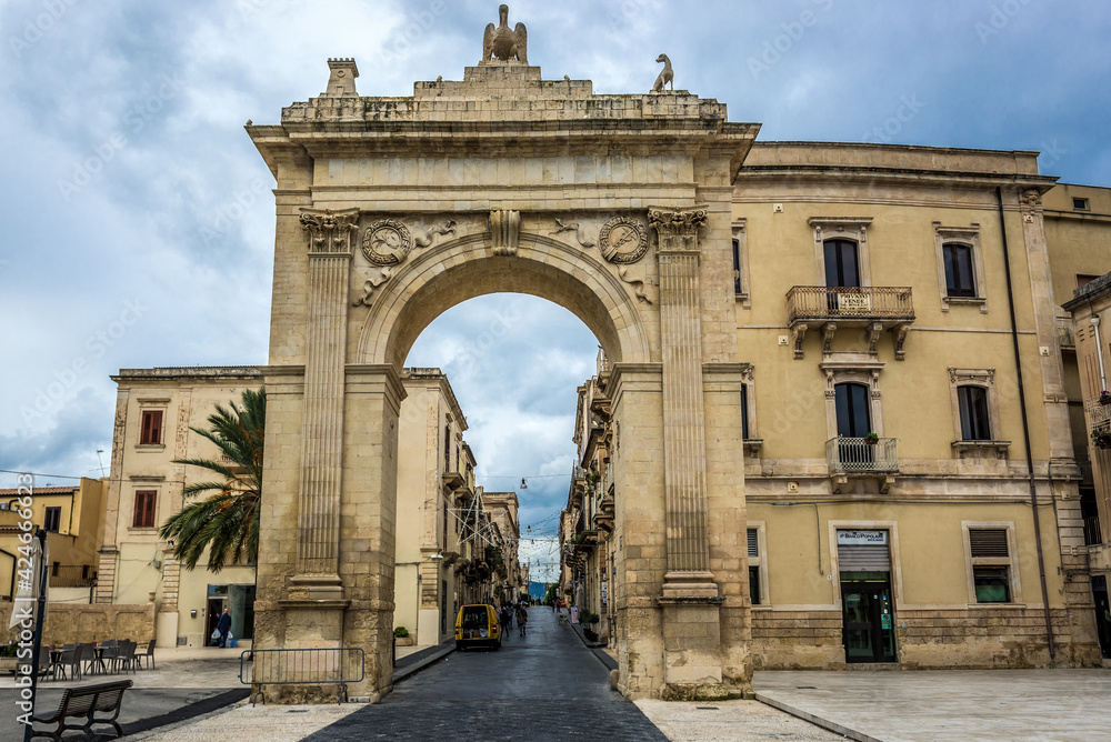 Porta Real, gate on historic part of Noto city, Sicily in Italy
