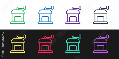 Set line Manual coffee grinder icon isolated on black and white background. Vector