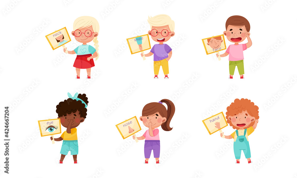 Cute Boy and Girl Character Holding Card with Body Part Picture Vector Set