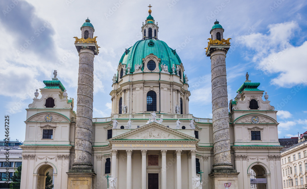 Front view of Church of St Charles Borromeo - famous Karlskirche in Vienna city, Austria