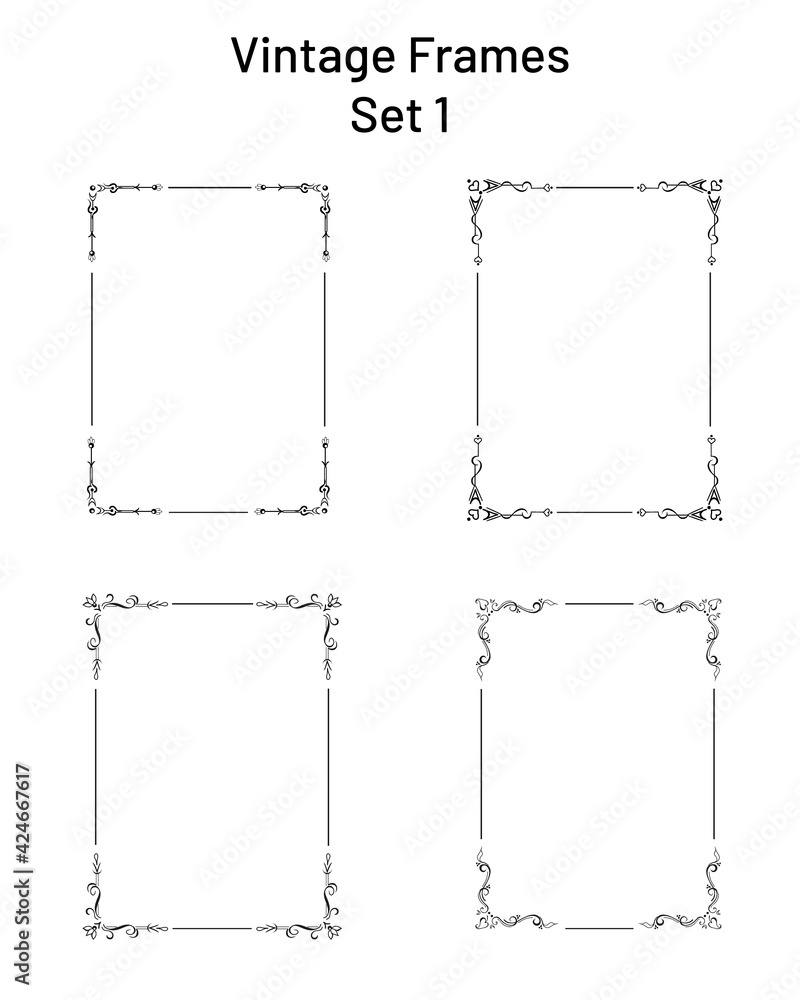 Set of 4 unique retro ornate frames with corner flourishes, collection of exclusive rectangle vignette templates, copy space hand drawn design elements, for pages, blanks, greetings, certificates
Set of 4 unique retro ornate frames with corner flourishes, collection of exclusive rectangle vignette templates, copy space hand drawn design elements, for pages, blanks, greetings, certificates