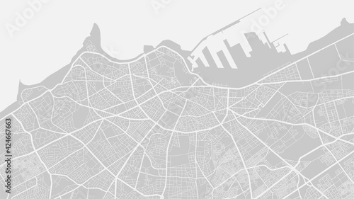 Bright grey vector background map, Casablanca city area streets and water cartography illustration.