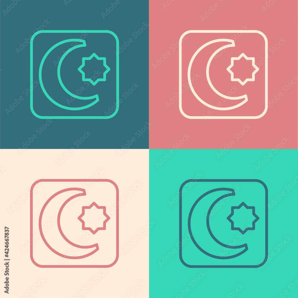 Pop art line Star and crescent - symbol of Islam icon isolated on color background. Religion symbol. Vector