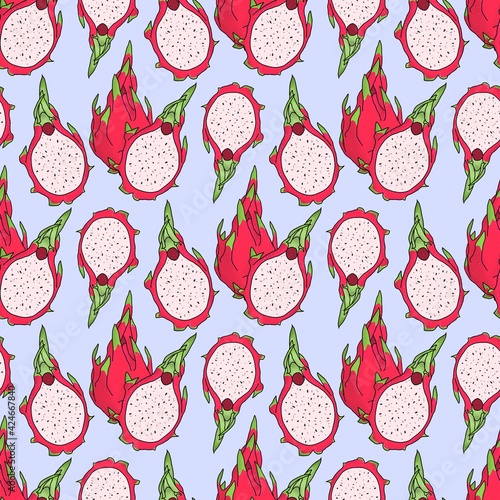 Seamless pink dragon fruit pattern. Exotic fruits on a blue background. Hawaiian food. Healthy eating. Trendy illustrated pattern of summer fruits. Beautiful design for wallpapers, textile