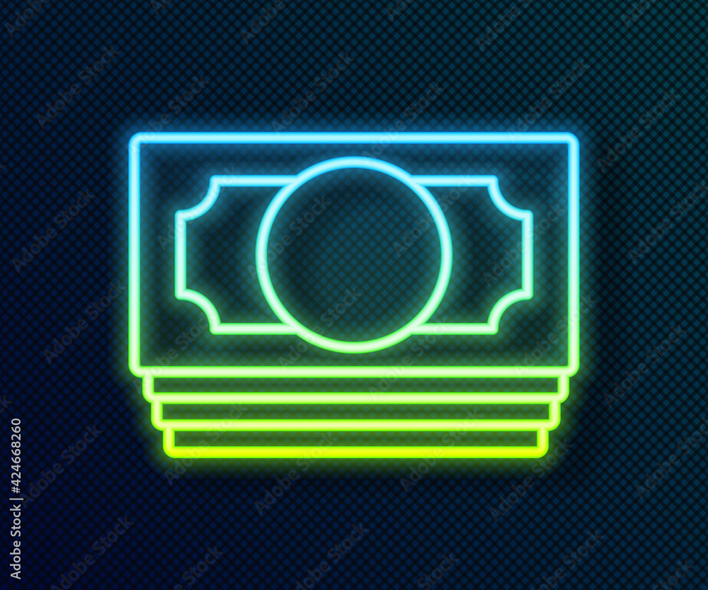 Glowing neon line Stacks paper money cash icon isolated on black background. Money banknotes stacks. Bill currency. Vector Glowing neon line Stacks paper money cash icon isolated on black background. Money banknotes stacks. Bill currency. Vector
