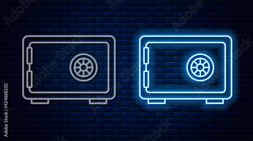 Glowing neon line Safe icon isolated on brick wall background. The door safe a bank vault with a combination lock. Reliable Data Protection. Vector