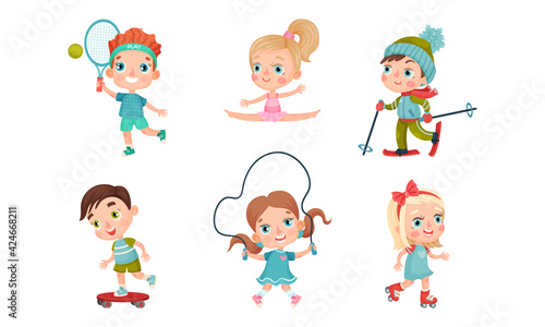 Cute Kids Skateboarding, Jumping Rope, Skiing and Roller Skating Vector Set
