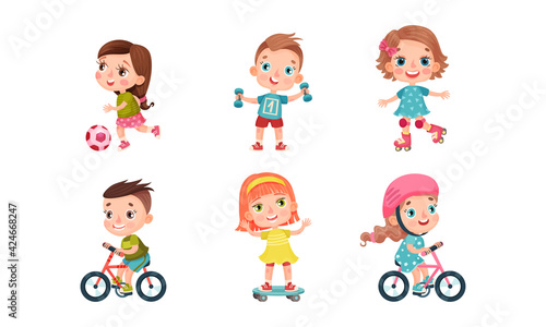 Cute Kids Lifting Dumbbells, Roller Skating, Skateboarding and Cycling Vector Set