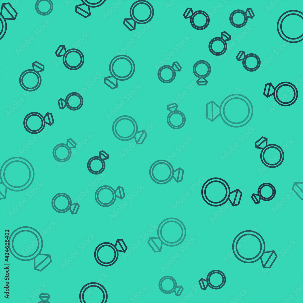 Black line Diamond engagement ring icon isolated seamless pattern on green background. Vector