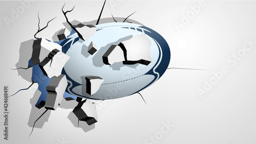 rugby ball punched through the wall and breaks into shards, cracks on wall. Inflicting heavy damage. Vector