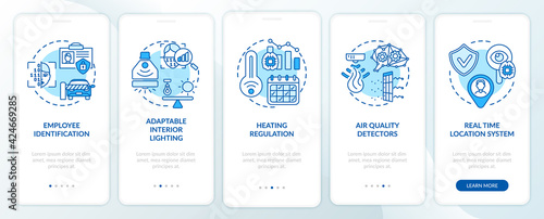 Futuristic smart office onboarding mobile app page screen with concepts. Identity, security light walkthrough 5 steps graphic instructions. UI, UX, GUI vector template with linear color illustrations
