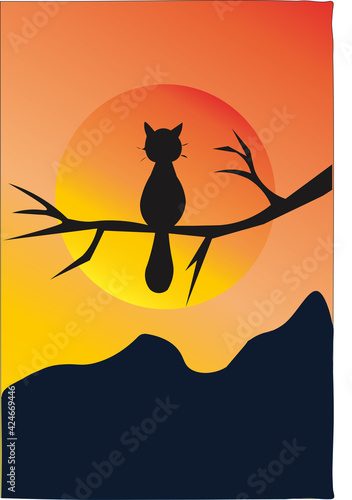 cat on a branch sunset