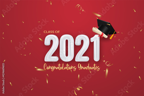 Class of 2021 graduation banner with Balloon number, confetti, diploma and cap graduation.