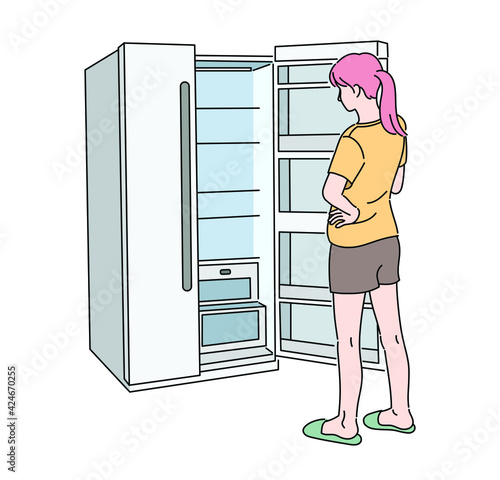 The back of a woman opening an empty refrigerator. hand drawn style vector design illustrations. 