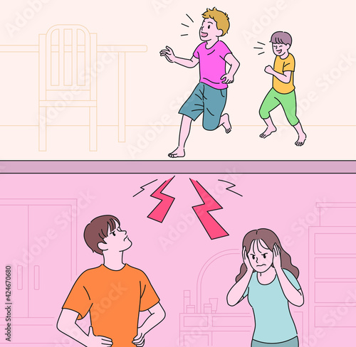 Apartment residents suffering from floor noise. hand drawn style vector design illustrations. 