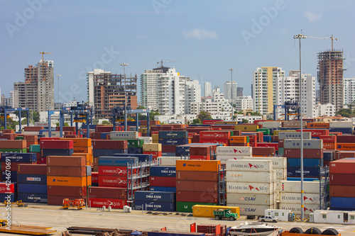 container cargo freight ship. containers in the commercial port.. commercial containers in the port.