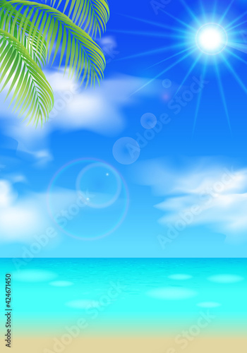 青空とヤシの木と雲と太陽の日差しが眩しいベクターイラスト背景(風景、縦)
