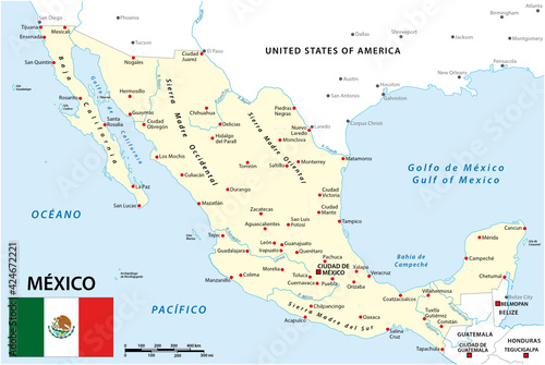 Map of Mexico with national borders, main cities and rivers