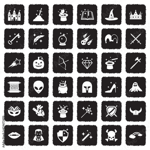 Fantasy Icons. Grunge Black Flat Design. Vector Illustration.