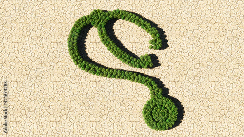 Concept or conceptual group of green forest tree on dry ground background, sign of checkup stethoscope. A 3d illustration metaphor for a checkup, treatment, medicine, health and care