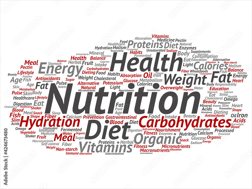 Vector concept or conceptual nutrition health diet abstract word cloud isolated background. Collage of carbohydrates, vitamins, fat, weight, energy, antioxidants beauty medicine, mineral, protein text