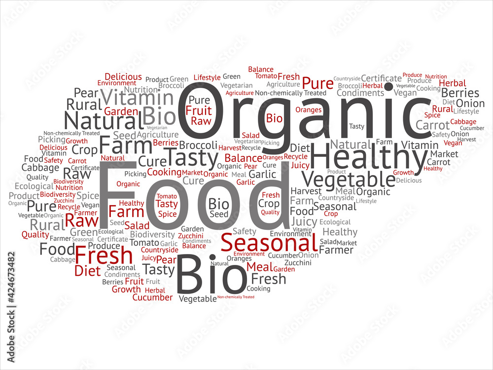 Vector concept conceptual organic food healthy bio vegetables abstract word cloud isolated background. Collage of natural, fresh tasty farm agriculture, certificate ecological garden quality crop text
