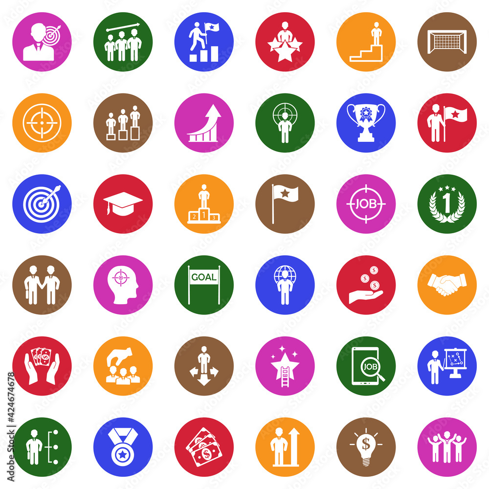 Goal Icons. White Flat Design In Circle. Vector Illustration. Goal Icons. White Flat Design In Circle. Vector Illustration.