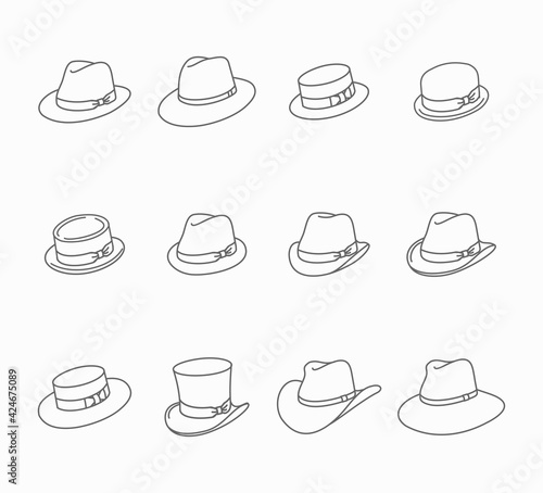 Types of male classic hats - vector thin line icon set