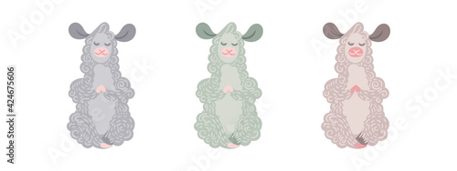 Set of cute curly llamas meditates in the lotus position. Vector illustration in different colors for coloring pages, children and adult prints, baby shower, yoga, health, mind development