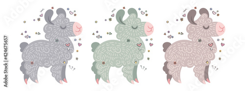 Collection of cute curly llamas in different colors. Illustration for coloring pages, children prints and publications