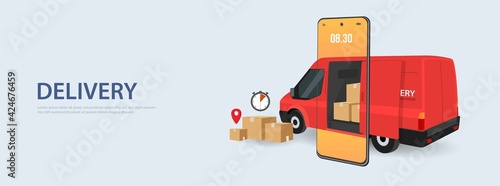 Fast delivery package by truck on mobile phone. Order package in E-commerce by app. Tracking courier by map application. Three dimensional concept. Vector illustration