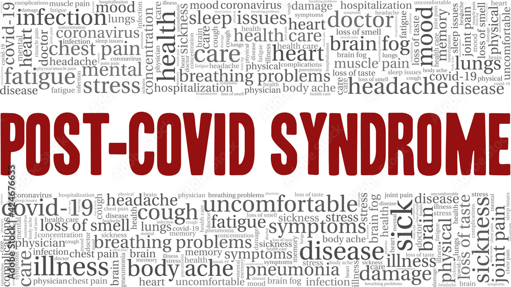 Post-covid syndrome vector illustration word cloud isolated on a white background. Post-covid syndrome vector illustration word cloud isolated on a white background.