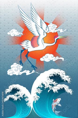 Abstract Art Japanese Flying Crane with Red Sun Surrounded with Moving Clouds and Collision of Torrential Wave  Below with Carp KOI Fish Swimming on Blue Wave Background Design for Wrapping Paper
